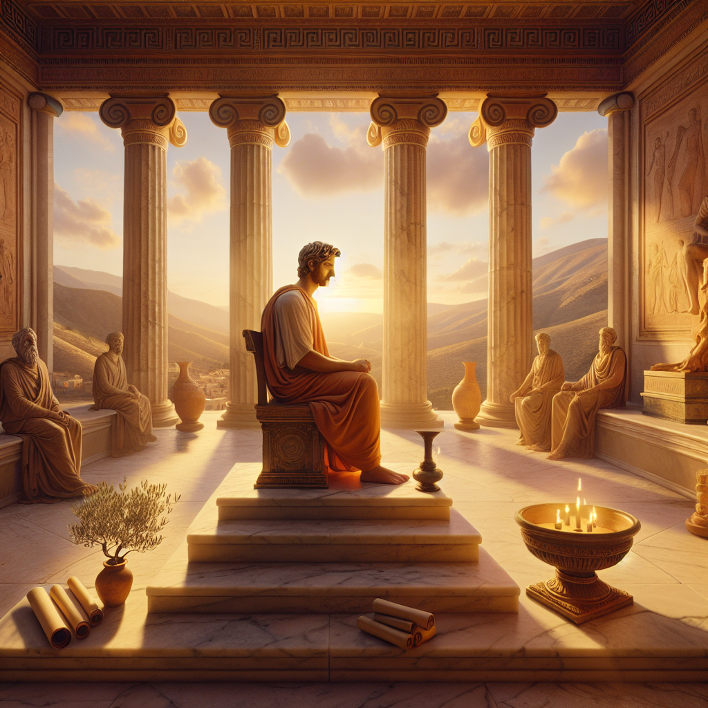 Contemplative figure resembling Epictetus standing thoughtfully in a serene ancient Greek stoa surrounded by symbols of Stoic wisdom and virtue, bathed in warm natural sunlight.