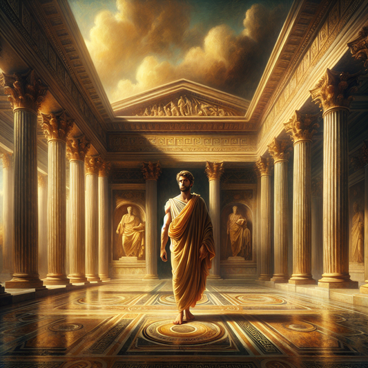Portrait of Epictetus framed in an ancient Greek architectural style, symbolizing Stoic philosophy with subtle modern jewelry accents, painted in a warm, cinematic style.