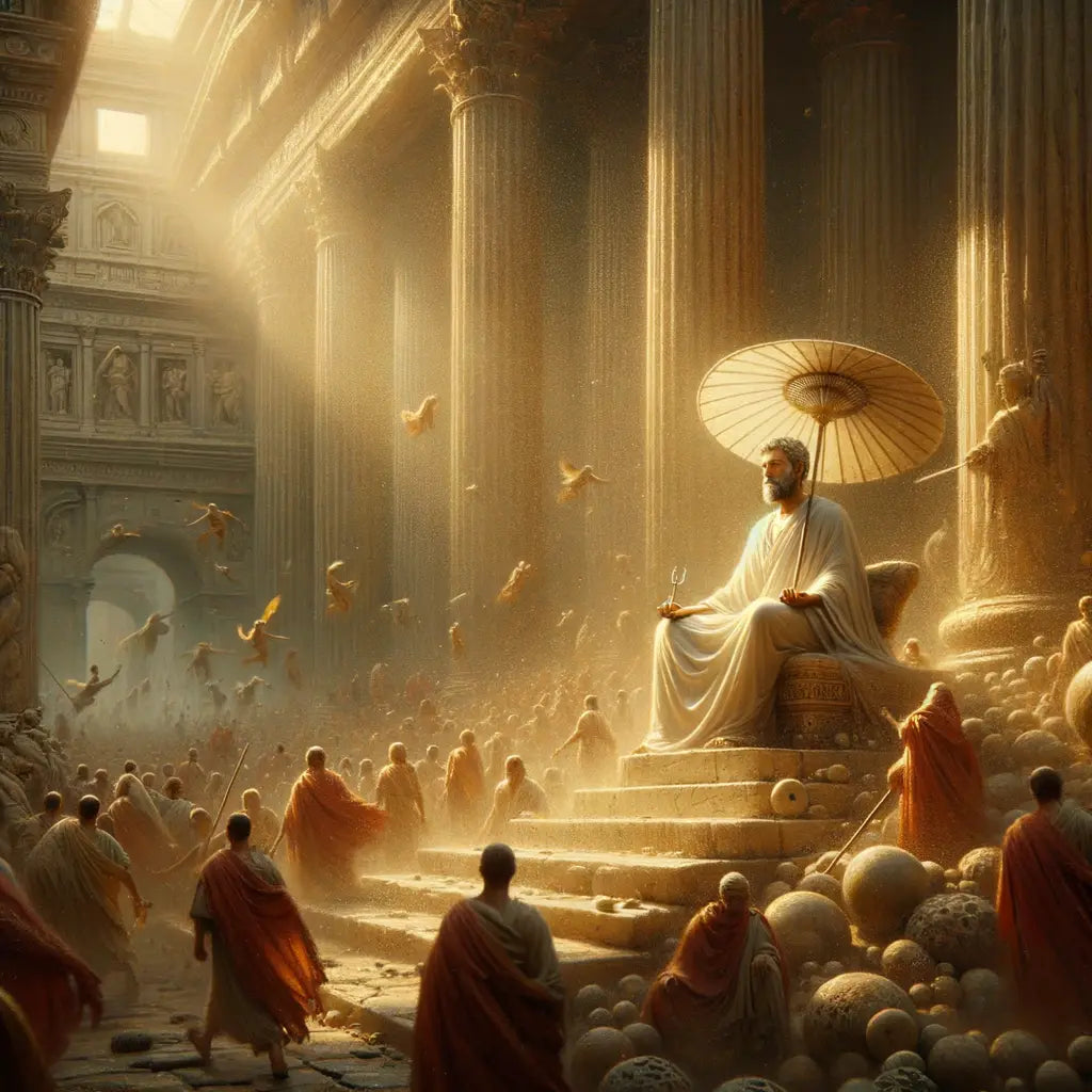 Serene Roman philosopher in a toga, calmly holding an umbrella amidst swirling forum chaos, with classic 1960s historical film style.