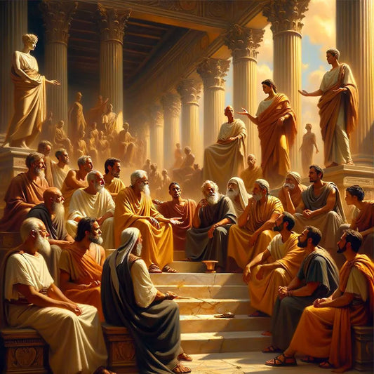 Ancient Greek and Roman philosophers engaged in discussion, wearing subtle modern jewelry, in a setting inspired by 1960s historical epic films.