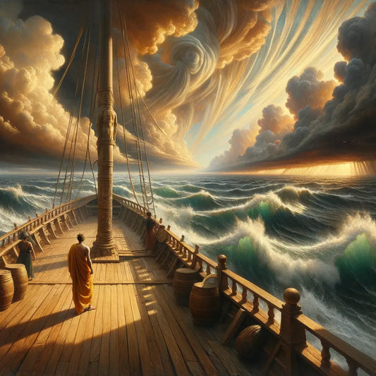 Roman ship deck with stormy sea and contemplative figures embodying Epictetus' philosophy, inspired by 1960s historical films.
