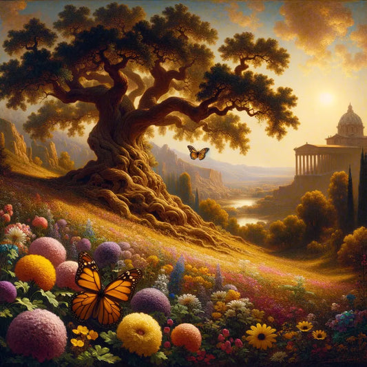 A serene oak tree and a vibrant butterfly among flowers, symbolizing Stoicism and Epicureanism, in a Roman epic style painting.