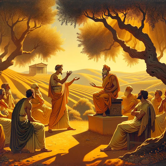 Ancient Greek philosophers under olive trees, debating philosophical ideas, in a style reminiscent of 1960s historical epic films.