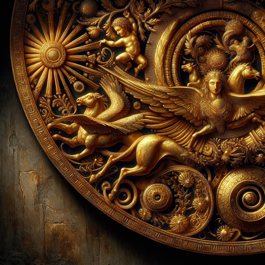 Close-up of ancient Etruscan gold jewelry with detailed granulation and filigree work showing mythological and natural motifs on a dark textured background.