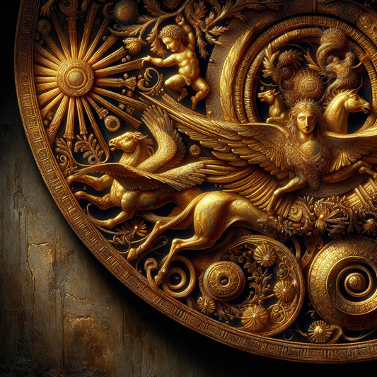 Close-up of ancient Etruscan gold jewelry with detailed granulation and filigree work showing mythological and natural motifs on a dark textured background.