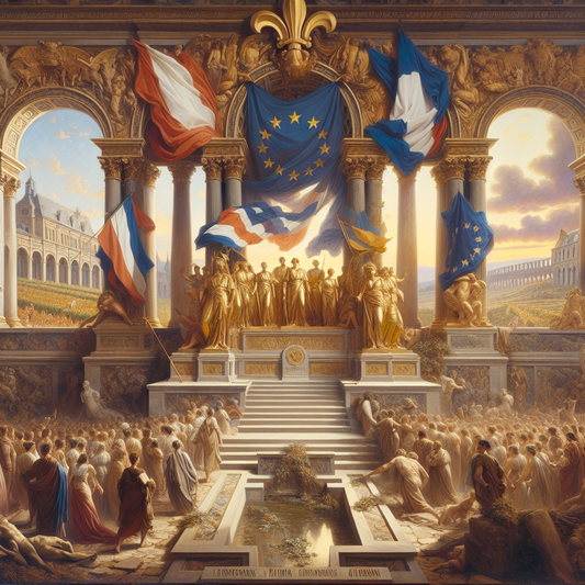 Cinematic painting of a harmonious European landscape blending French cultural symbols like the fleur-de-lis with European Union motifs, featuring classical architecture and figures symbolizing unity under warm daylight.