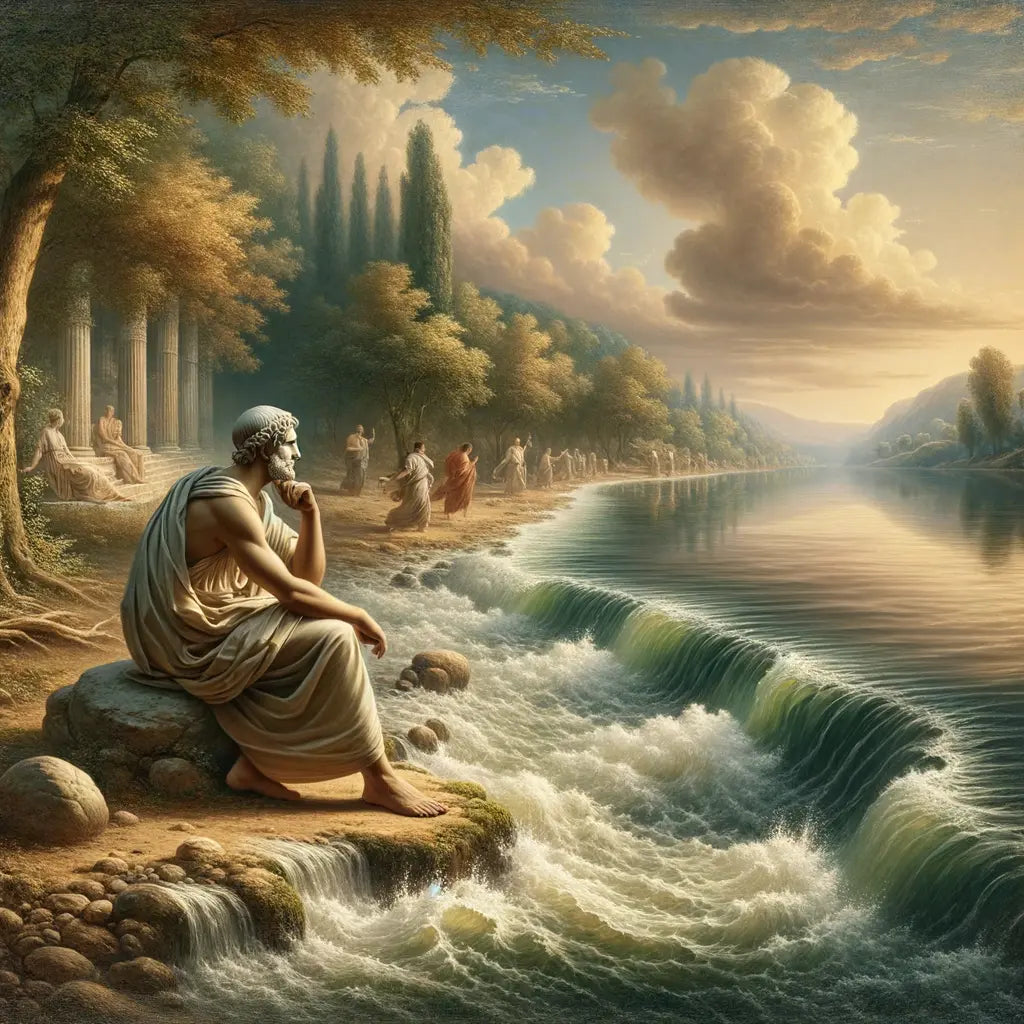A philosophical scene depicting the convergence of a serene lake with a vibrant river, representing modern Stoic principles, in the style of a 1960s historical epic.