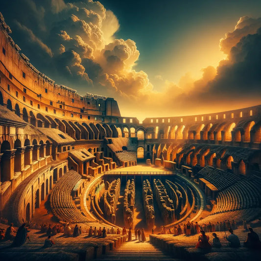 Vibrant painting of an ancient Roman amphitheater at sunset with tourists, evoking the grandeur of 1960s historical epic films.
