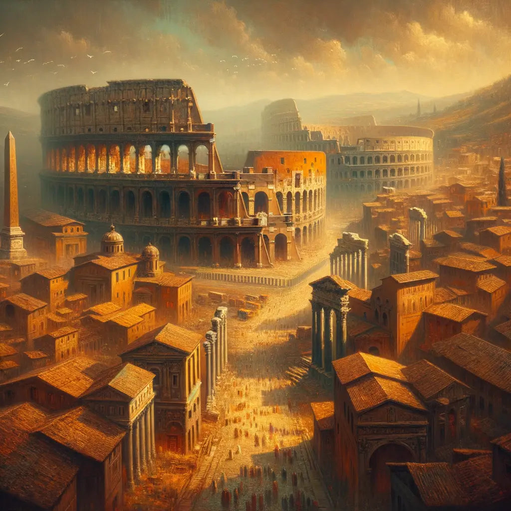 Aerial view of ancient Roman architecture featuring the Colosseum, Pantheon, and aqueducts set against a majestic cityscape in the style of 1960s historical epic films.