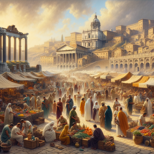A vibrant Roman marketplace bustling with citizens in traditional attire, lively stalls, and grand ancient architecture, styled like a 1960s historical film.