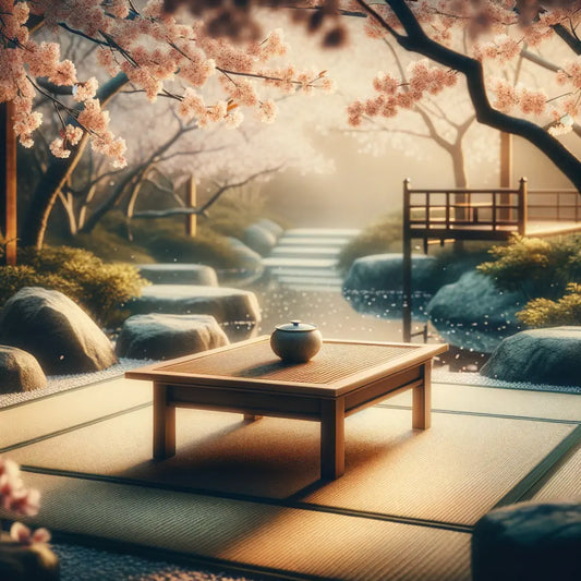 Traditional Japanese tea ceremony in a tranquil garden with cherry blossoms.