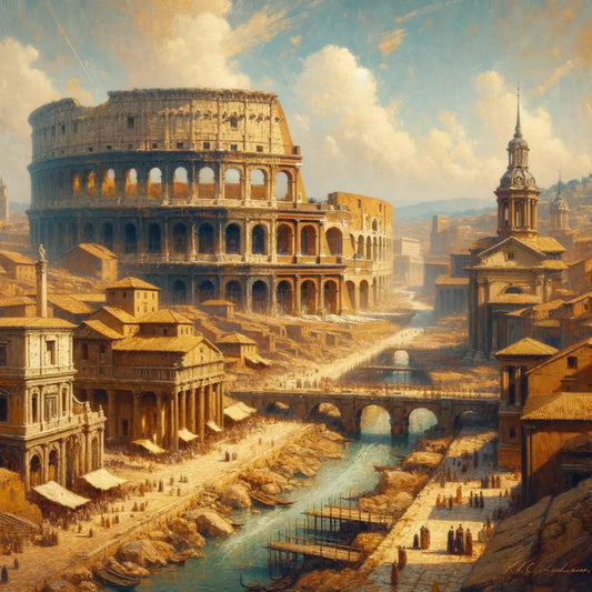 A panoramic view of ancient Rome featuring the Colosseum and Pantheon, set against stone roads and aqueducts, in a 1960s epic film style.