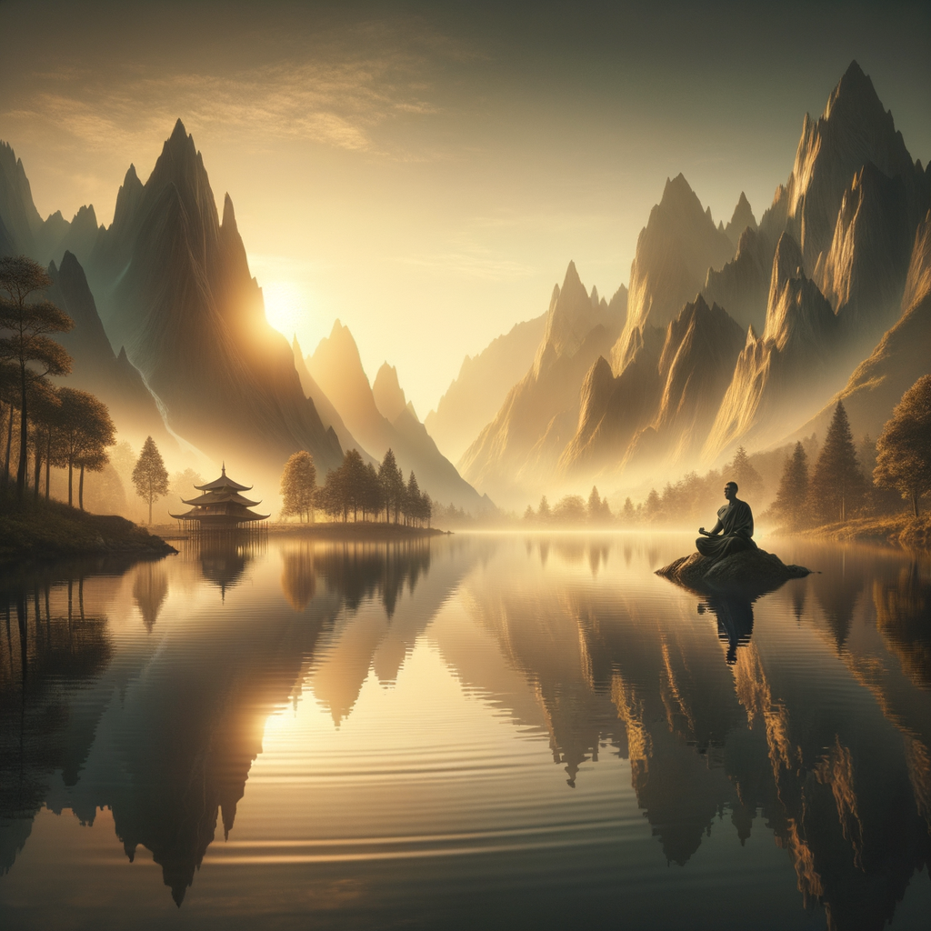 Serene mountain lake at dawn reflecting a tranquil landscape with themes of inner peace and resilience, inspired by Buddhist and Stoic imagery.