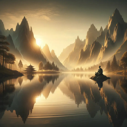 Serene mountain lake at dawn reflecting a tranquil landscape with themes of inner peace and resilience, inspired by Buddhist and Stoic imagery.