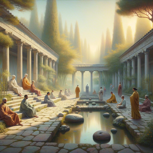 Peaceful blend of Stoic and Zen elements in a tranquil garden, inspired by Roman epic film aesthetic.