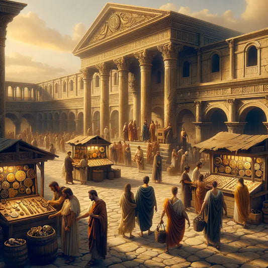 Depiction of Roman-Celtic jewelry in a Roman marketplace, with ornate symbols and bustling Roman citizens, in classic 1960s film style.