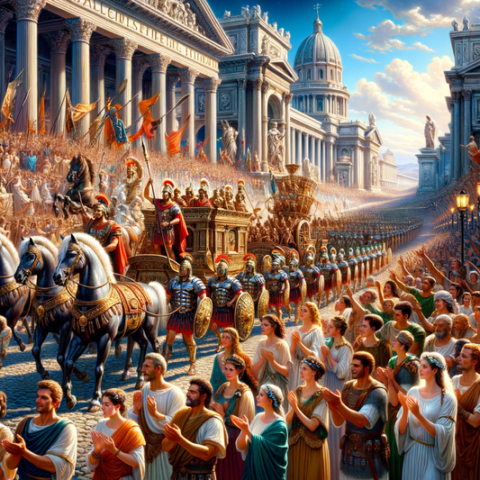 A Roman triumph procession showcasing soldiers, chariots, and cheering crowds in ancient Rome.