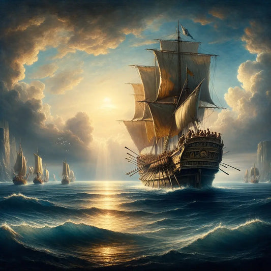 Roman-style ship in calm, cloudy seascape, illustrating stoicism's journey.