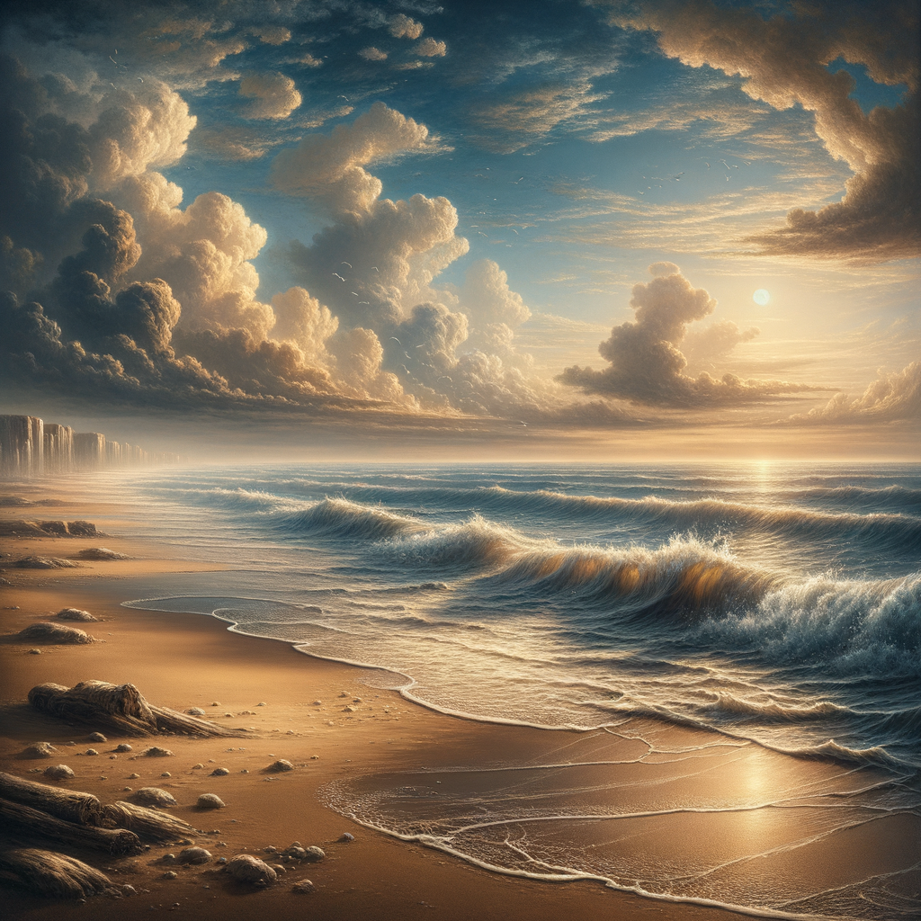 A serene ocean under a clear sky with waves gently crashing on a sandy beach, symbolizing calmness in the style of 1960s epic films.