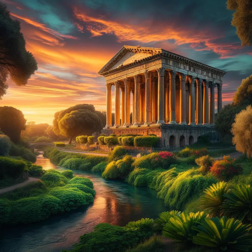 An artistic representation of a Roman temple during sunset.