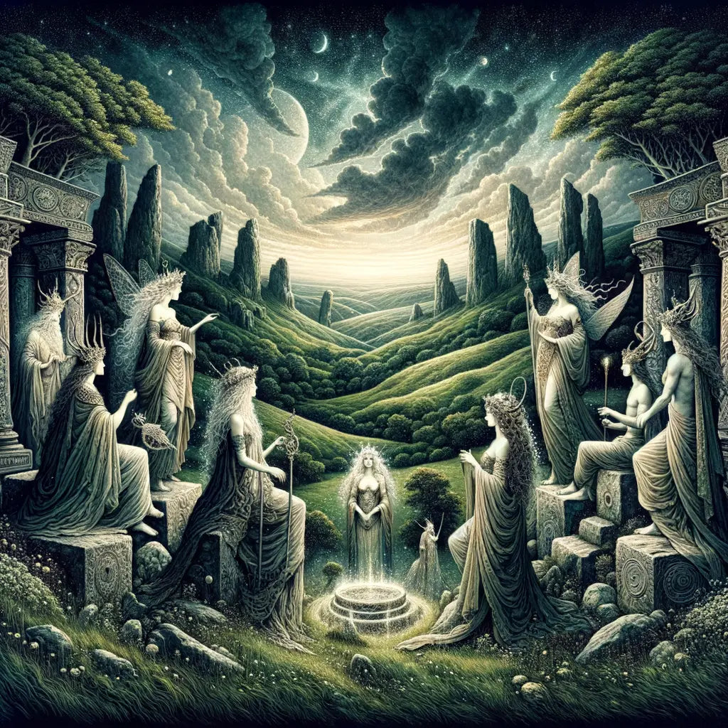 An artistic representation of the Tuatha Dé Danann, highlighting their role in Irish mythology with a mystical and enchanting backdrop.