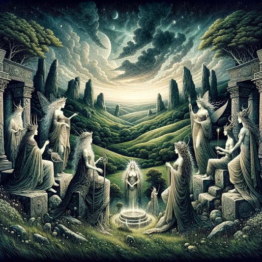 An artistic representation of the Tuatha Dé Danann, highlighting their role in Irish mythology with a mystical and enchanting backdrop.