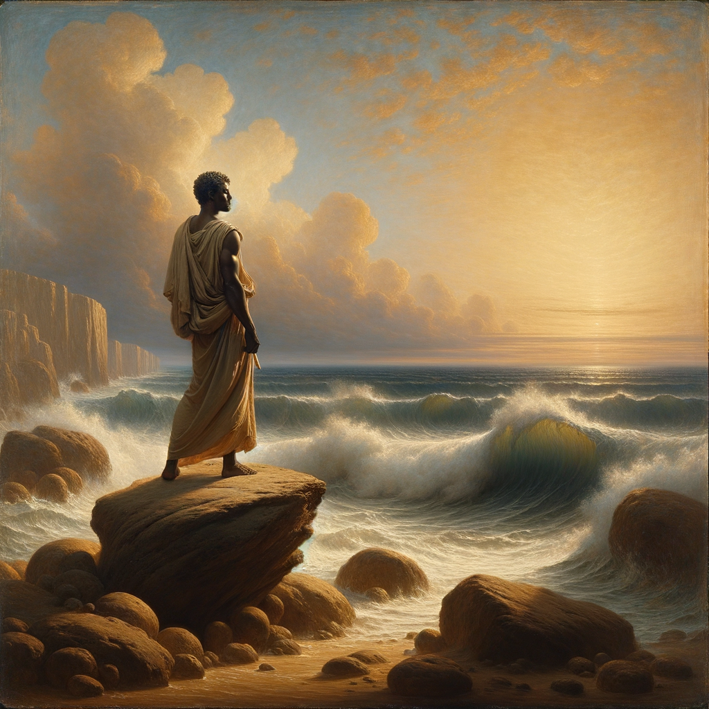 A stoic philosopher in a toga stands on a rocky shore, gazing calmly at a serene ocean landscape, conveying Stoic philosophy.