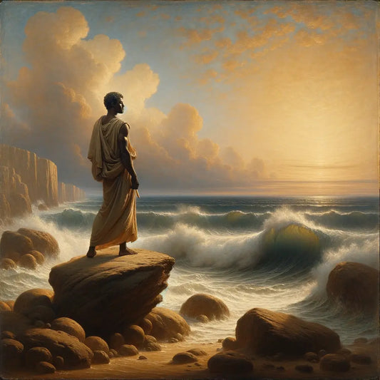 A stoic philosopher in a toga stands on a rocky shore, gazing calmly at a serene ocean landscape, conveying Stoic philosophy.