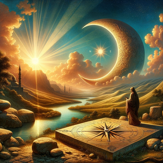 Serene landscape with crescent moon and compass symbolizing harmony between Islam and Stoicism.