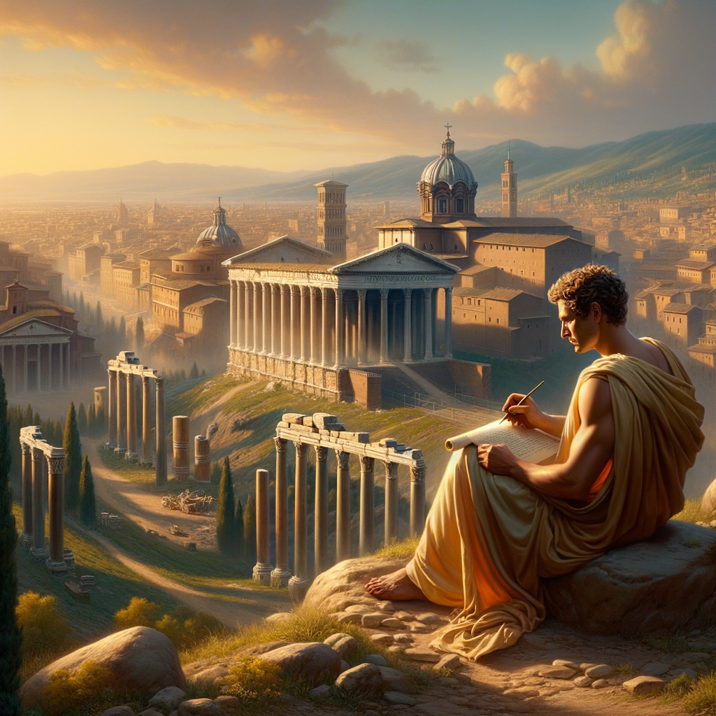 Marcus Aurelius writing his Meditations on a hillside, with ancient Rome in the background, depicted in 1960s historical film style.