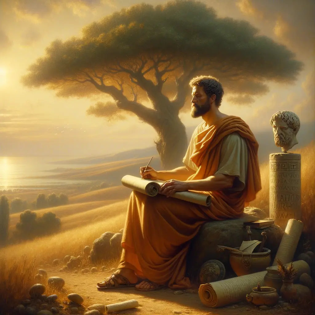 Marcus Aurelius writing on a scroll in a serene setting with a calm sea and sturdy tree, embodying Stoic philosophy, styled like a 1960s historical epic painting.
