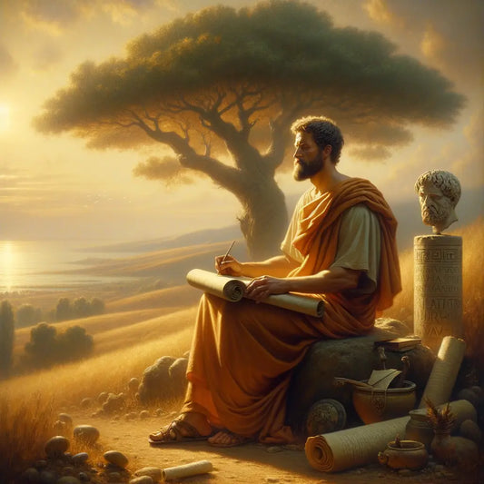 Marcus Aurelius writing on a scroll in a serene setting with a calm sea and sturdy tree, embodying Stoic philosophy, styled like a 1960s historical epic painting.