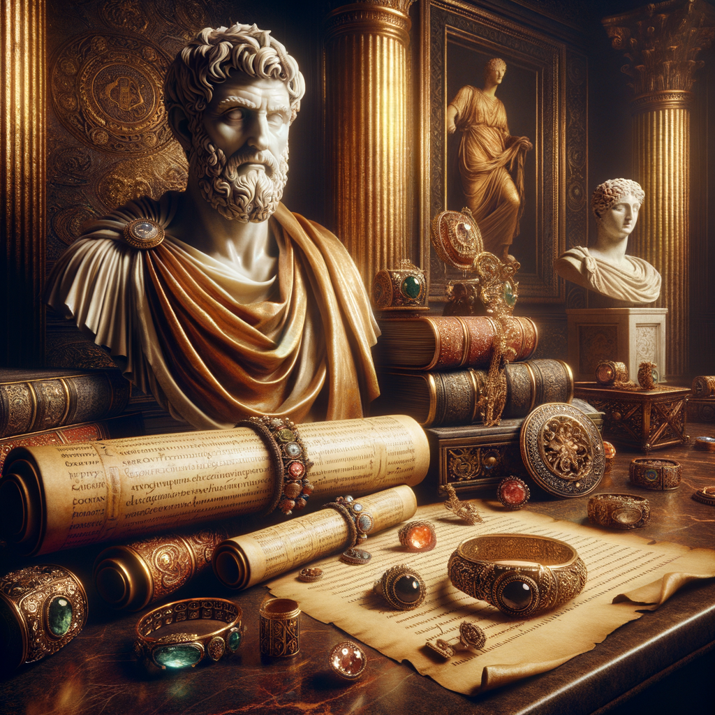 Elegant depiction of ancient Roman scrolls and modern jewelry intertwined, reflecting Stoic wisdom and contemporary style, in a painterly style.