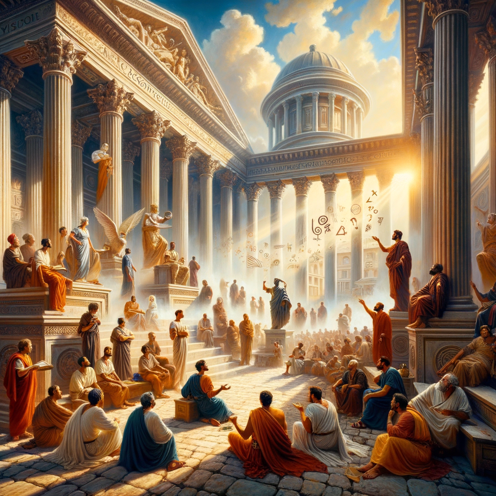 Diverse group engaged in a lively discussion in a Roman forum, with ancient Greek symbols overlayed, in a style inspired by 1960s historical films.