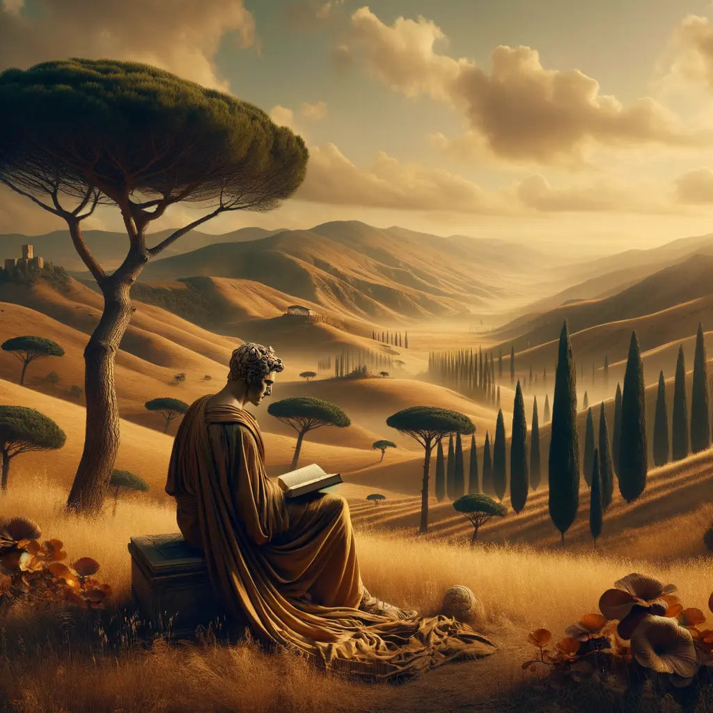 A serene scene of a person in a toga reading a Ryan Holiday book, surrounded by harmonious nature reminiscent of Roman landscapes, evoking introspection and peace.