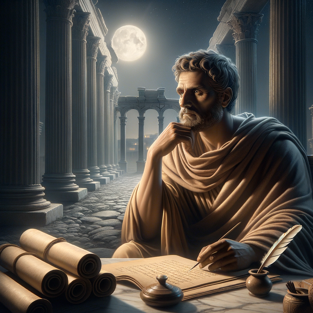 Marcus Aurelius writing under the moonlight, Roman aqueducts silhouetted in the background, styled like a 1960s historical epic film.