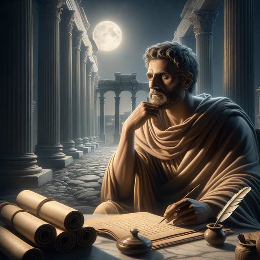 Marcus Aurelius writing under the moonlight, Roman aqueducts silhouetted in the background, styled like a 1960s historical epic film.