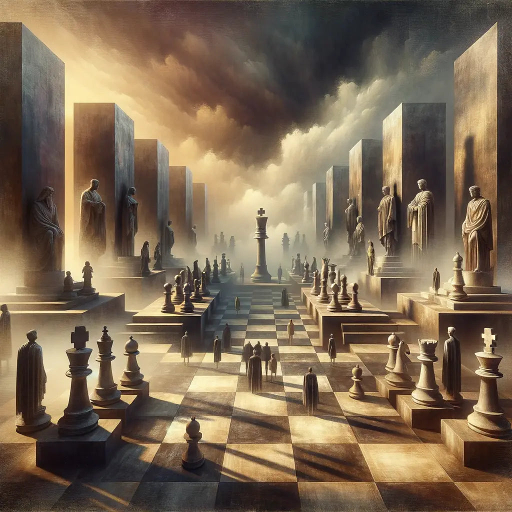 Modern political scene inspired by Shakespeare's Julius Caesar, with shadowy figures and chess pieces symbolizing power and intrigue.