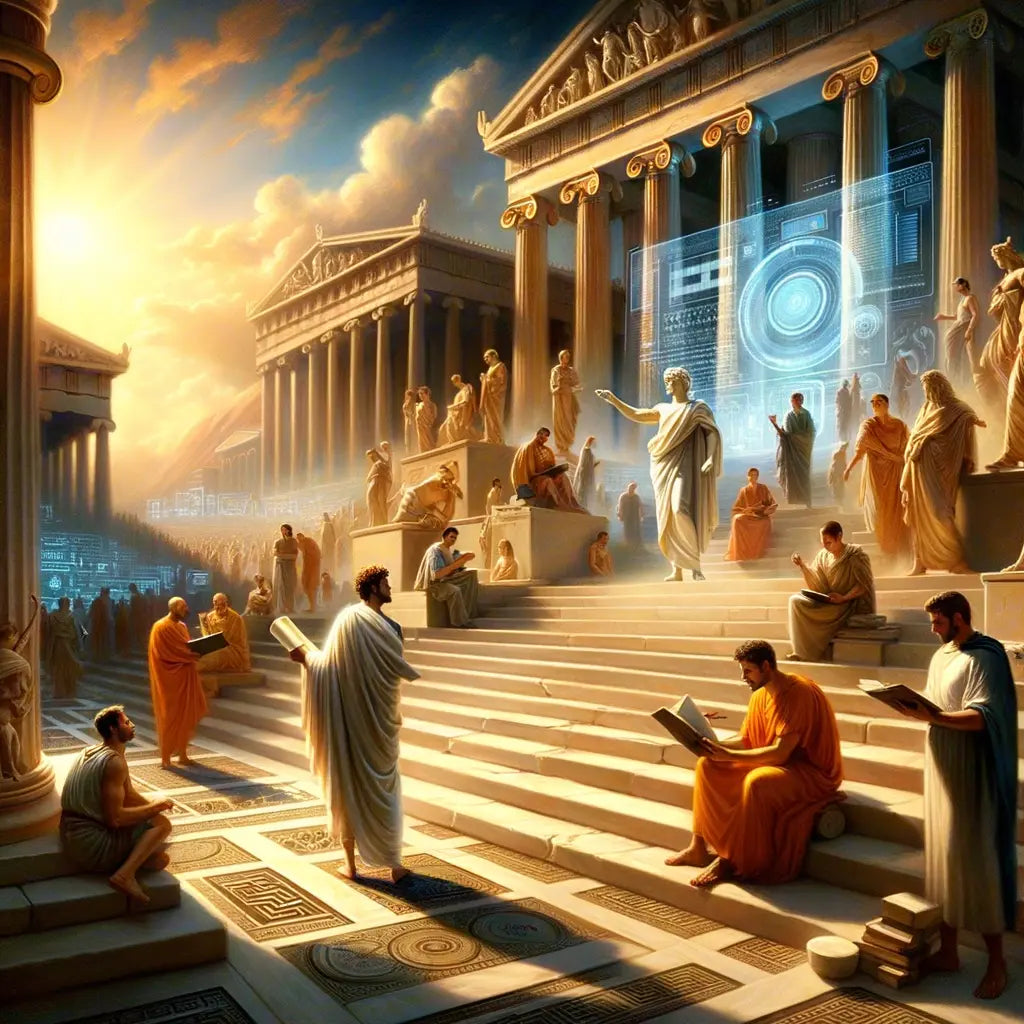 A classical philosopher in an ancient agora gesturing to a modern digital interface, blending historical philosophy with contemporary technology, styled after 1960s epic films.