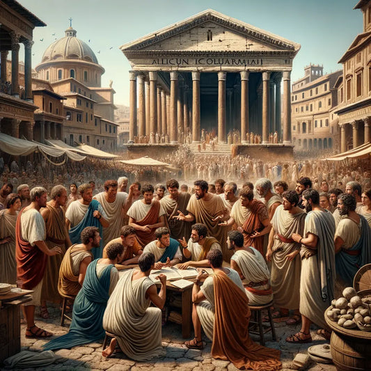 A vibrant depiction of ancient Roman life in a public forum, showcasing the culture and architecture of the time.