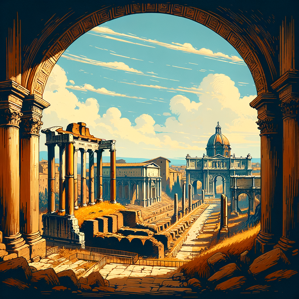 Scenic view of ancient Roman ruins with grand arches and basilicas under a bright blue sky, inspired by 1960s historical cinema style.
