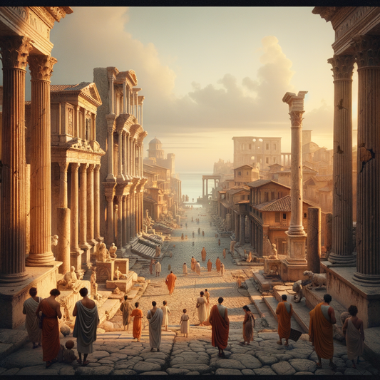 Ancient streets of Ostia with Roman columns and villas, capturing the bustling atmosphere of the city in a 1960s historical film style.