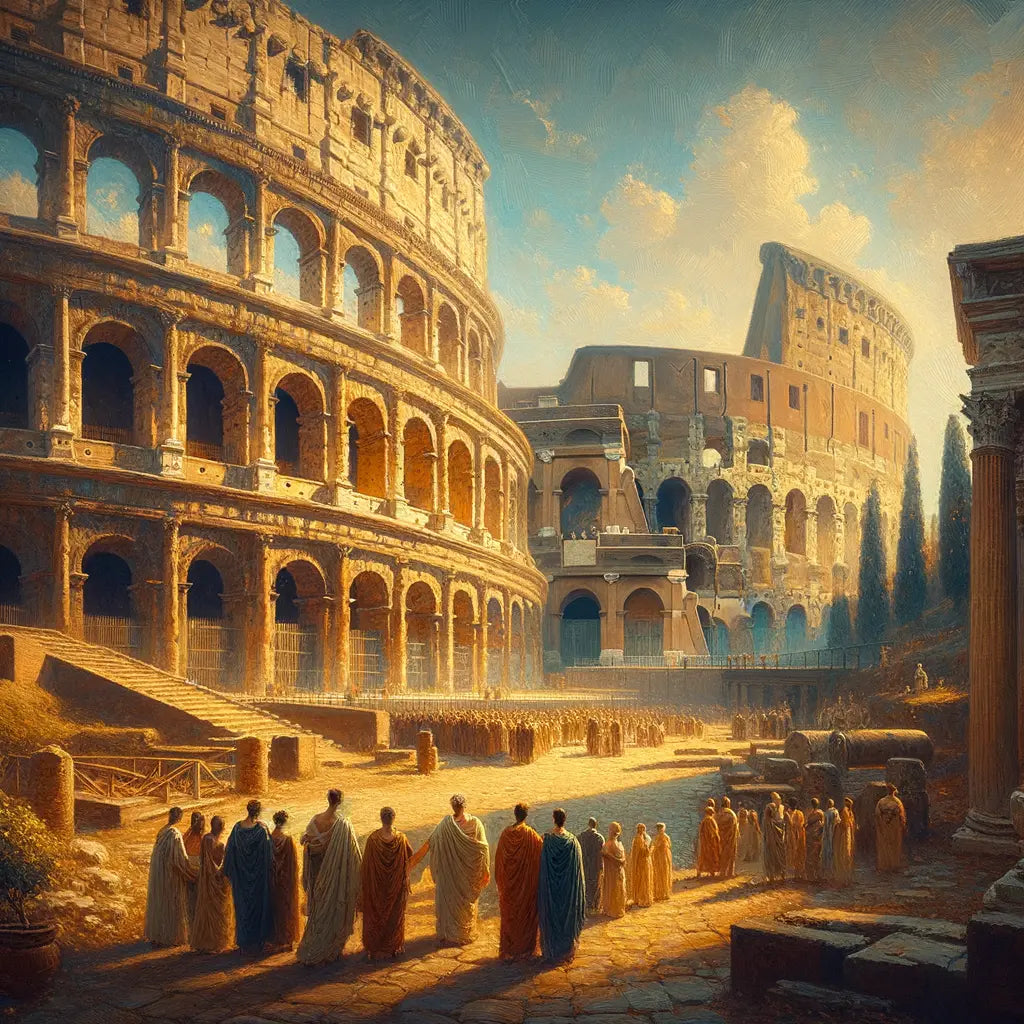 Panoramic view of the Colosseum and Roman Forum, with Roman citizens in togas, under a clear sky, inspired by 1960s historical film aesthetics.
