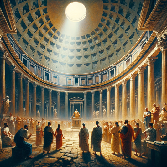 Cinematic painting of the Roman Pantheon, highlighting its impressive dome and Corinthian columns, inspired by 1960s historical epics.