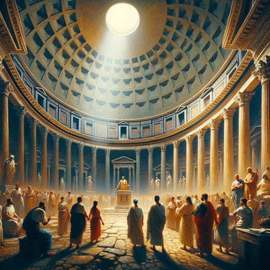 Cinematic painting of the Roman Pantheon, highlighting its impressive dome and Corinthian columns, inspired by 1960s historical epics.