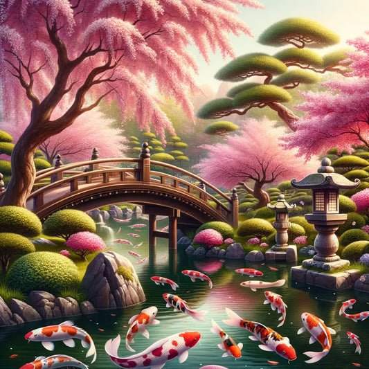 Japanese garden with cherry blossoms and koi pond.