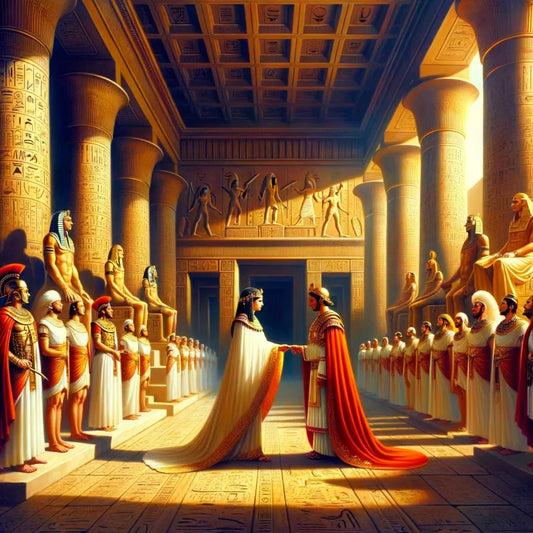 Cleopatra and Julius Caesar meeting in Alexandria, framed by Egyptian and Roman architectural elements, in the style of 1960s film epics.