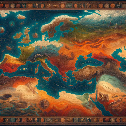 Artistic map of the Roman Empire at its peak, featuring the Colosseum, aqueducts, and expansive territories in a style reminiscent of classic 1960s historical epics.