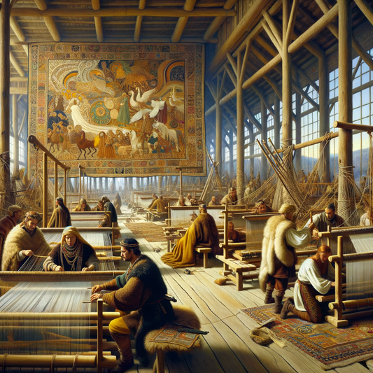 Artistic depiction of Germanic tribes weaving a tapestry, blending ancient and modern elements.
