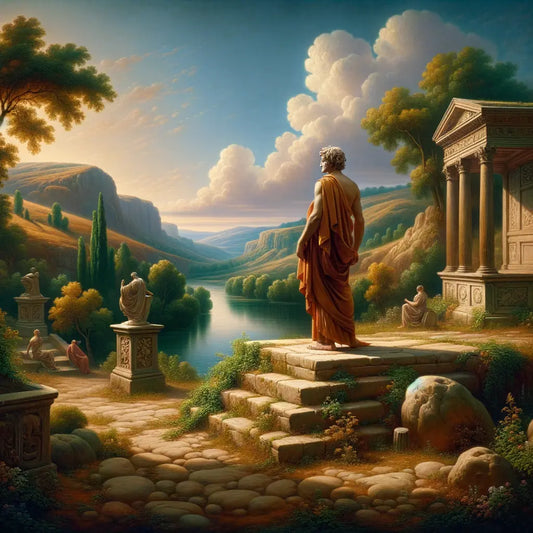 A Roman philosopher in a serene natural setting, contemplating life in an epic cinematic style reminiscent of 1960s films, with flowing water and tranquil skies.
